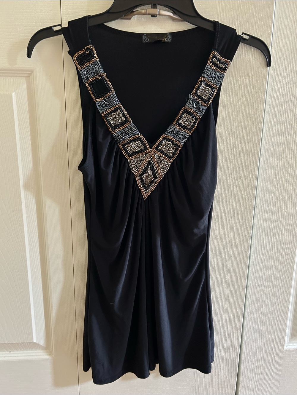 mandee Black Tank Top with Beaded V-Neck